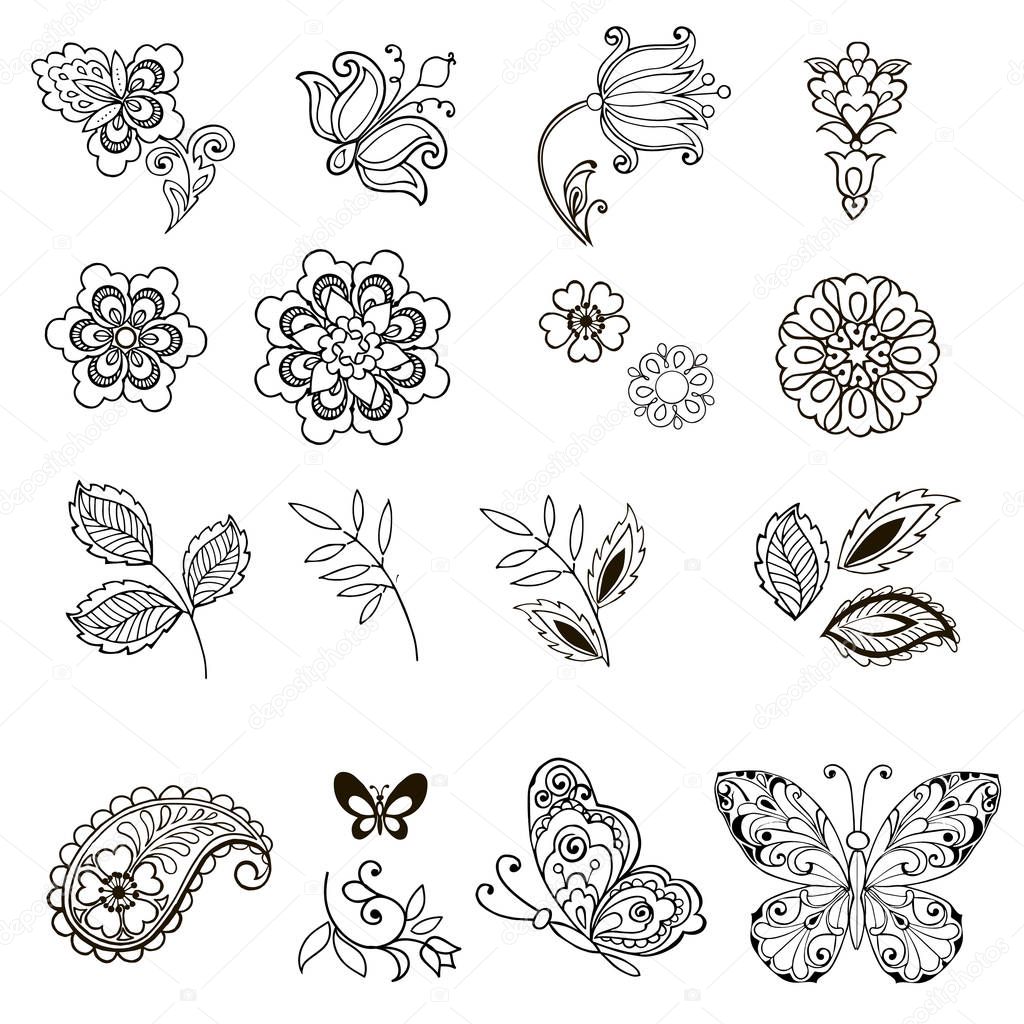 Collection of decorative elements of flowers, leaves and butterflies for design. Vector illustration.