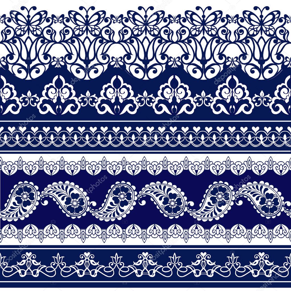 Set of Lace Bohemian Seamless Borders. Stripes with Blue Floral Motif, Paisleys. Decorative ornament backdrop for fabric, textile, wrapping paper.