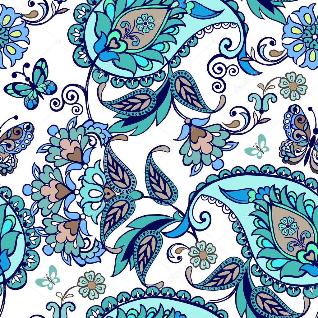 Fantastic floral seamless ornament with decorative butterflies. Vintage flowers seamless ornament in blue colors. Decorative ornament backdrop for fabric, textile, wrapping paper.