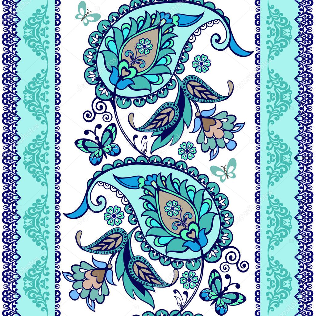 Turquoise oriental seamless paisley pattern. Floral wallpaper. Decorative ornament for fabric, textile, wrapping paper. Traditional oriental seamless paisley pattern.
