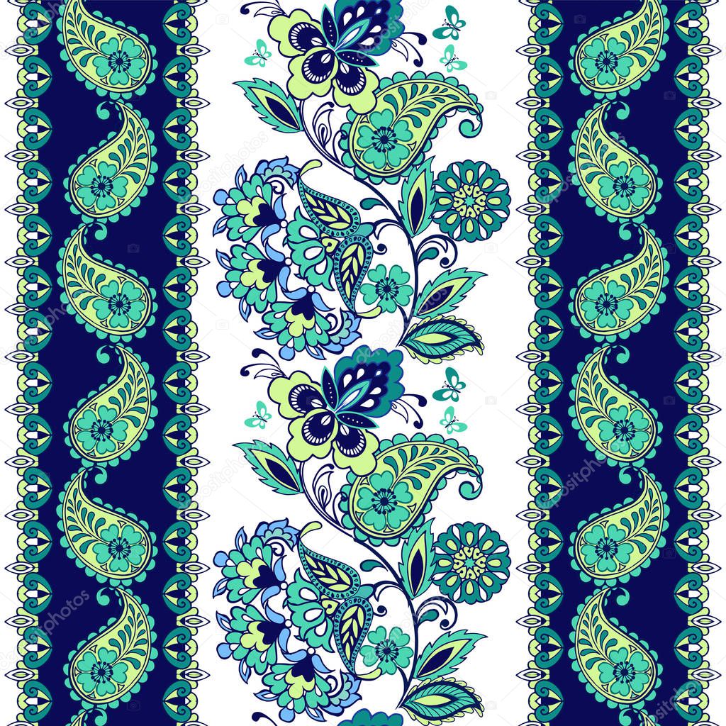 Fantastic ornament with paisley. Set of oriental striped ornaments. Decorative ornament backdrop for fabric, textile, wrapping paper.