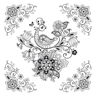 Egzotik çiçek ve yaprakları ile fantastik kuş. Harika el çekilmiş