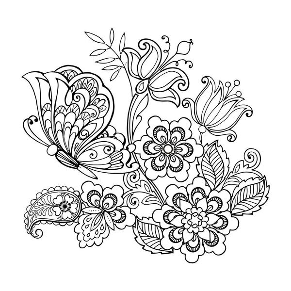 Fleurs et papillons dessinés à la main pour la coloration anti stress — Image vectorielle