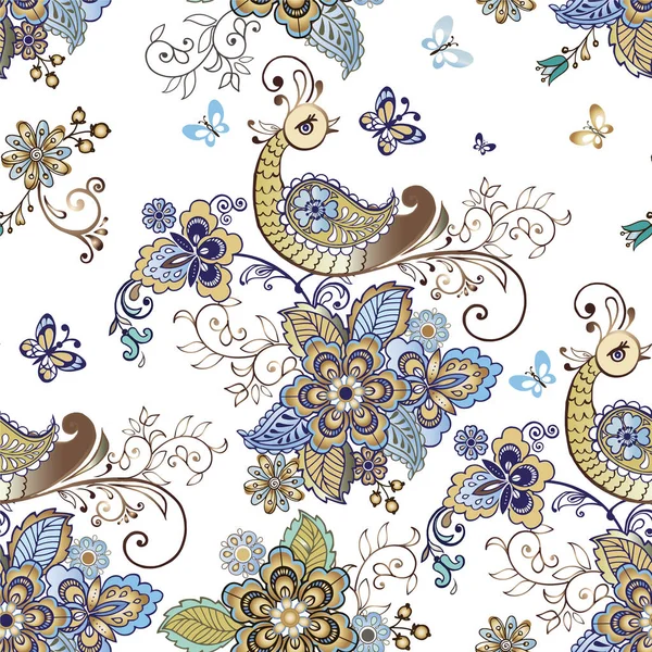 Modèle de fleur sans couture avec des oiseaux fantastiques. Papier peint floral . — Image vectorielle