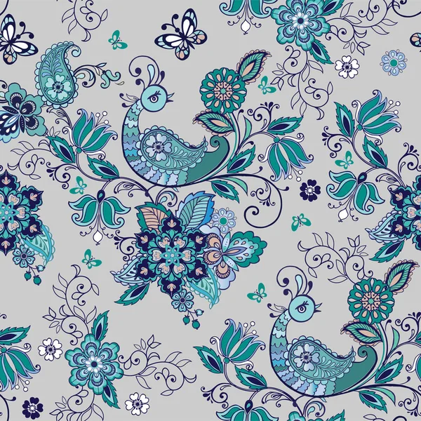 Fantastischer blauer Blumenschmuck mit Paisley. nahtloser Blumenstrauß — Stockvektor