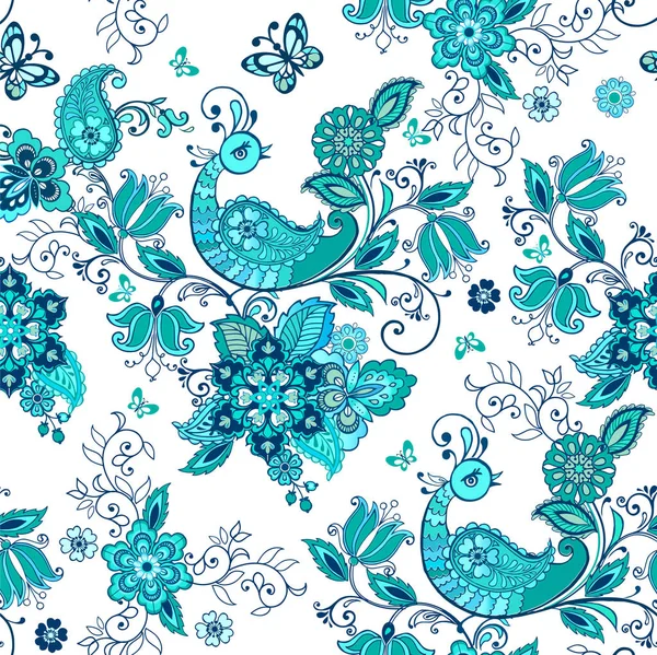 Turquoise seamless floral patern with birds. Floral wallpaper. D — Stock Vector