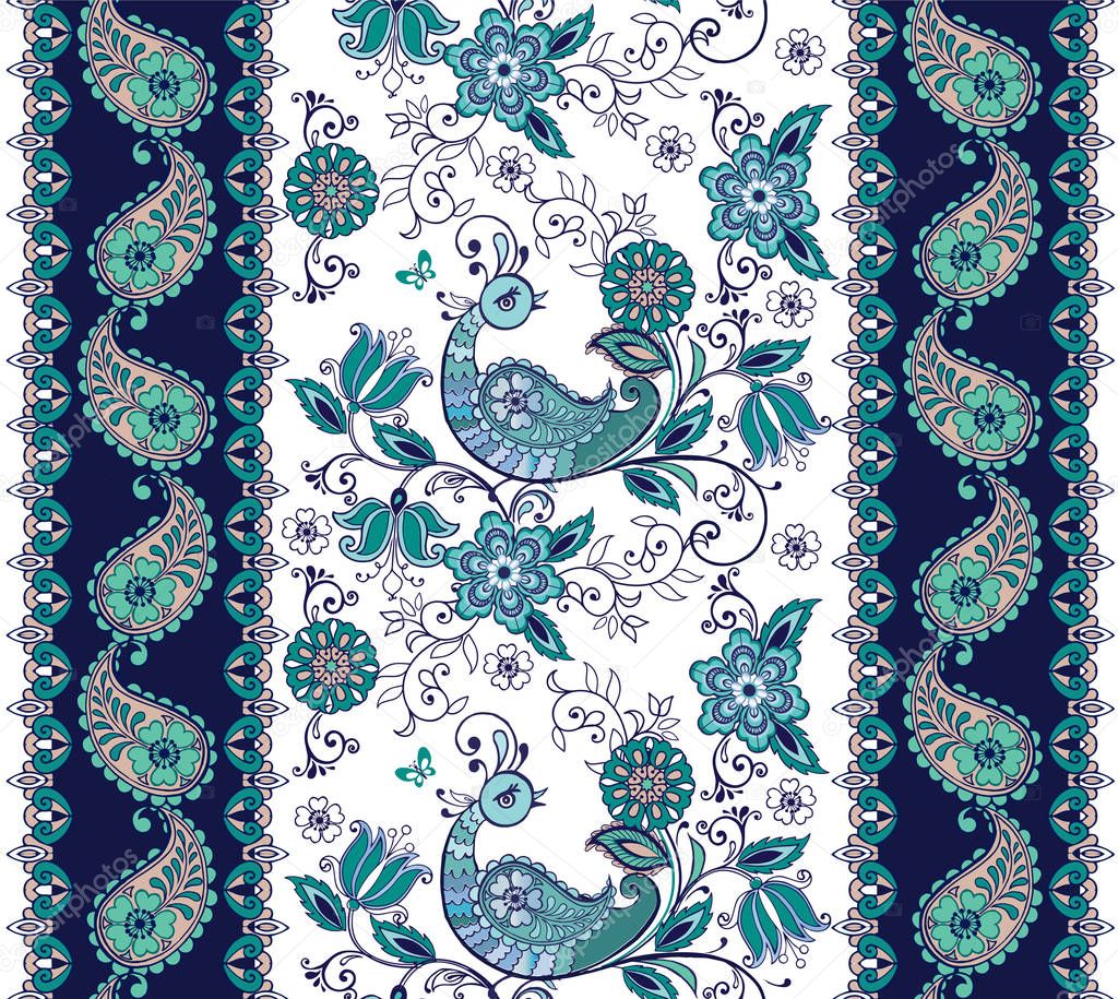 Fantastic blue floral ornament with paisley.Striped pattern with