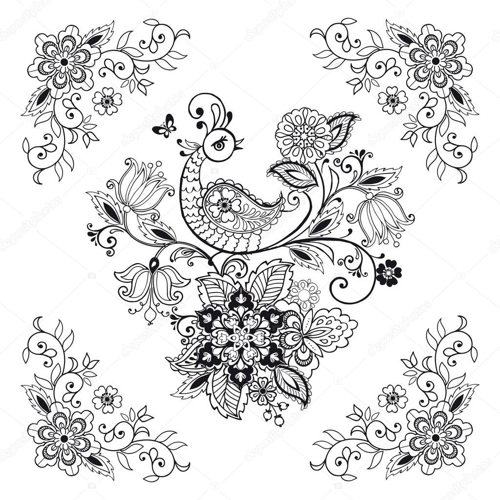Fantastic bird with exotic flowers and leaves. Hand drawn Fantas