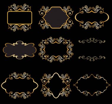Siyah arka plan üzerine grafik tasarım için altın doğrusal çerçeve kümesi.