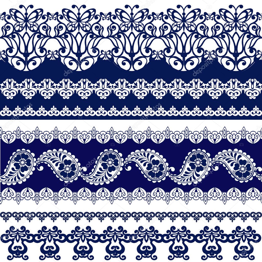 Set of Lace Bohemian Seamless Borders. Stripes with Blue Floral 