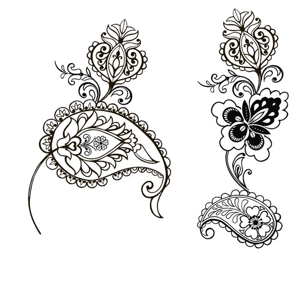 Ornement de fleurs monochrome avec Paisley. Fleurs dessinées à la main pour la coloration anti stress . — Image vectorielle