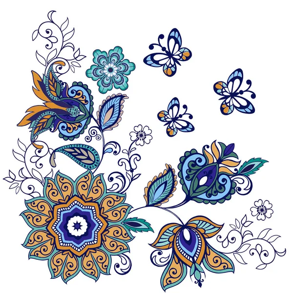 用梦幻般的花与佩斯利和蝴蝶的华丽装饰。矢量图 — 图库矢量图片