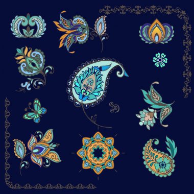 Tasarım çiçek, Hint paisley, yaprakları ve soyut öğeler için ayarlayın. Oryantal tarzda. Vektör çizim