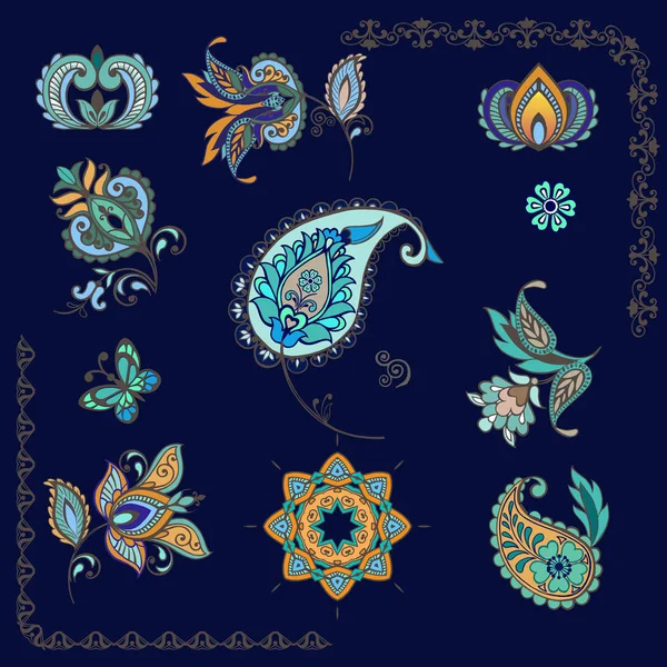 Tasarım çiçek, Hint paisley, yaprakları ve soyut öğeler için ayarlayın. Oryantal tarzda. Vektör çizim