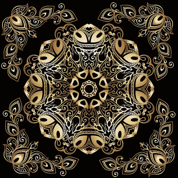 Mandala ethnique doré sur fond noir. Illustration vectorielle . — Image vectorielle