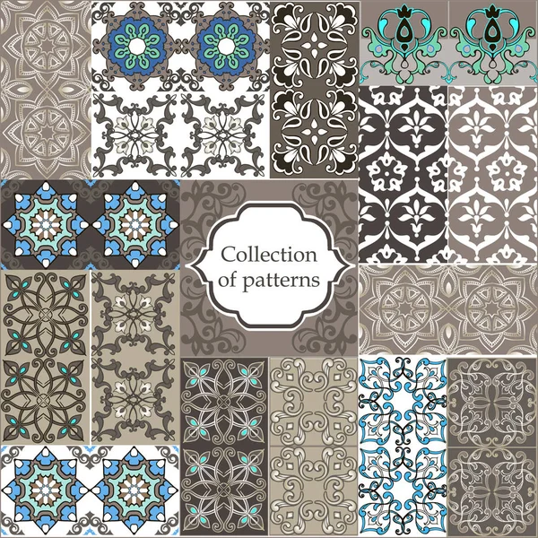 シームレス パターンのコレクションです。ベクトル タイルのパッチワークのパターンを設定します。花の壁紙。布、繊維、包装紙の装飾的な飾り — ストックベクタ