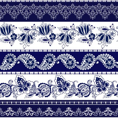 Dantel bohem sorunsuz kenarlık kümesi. Çizgili mavi çiçek motifleri, güller, Paisleys. Kumaş, tekstil, kağıt ambalaj için Dekoratif süsleme zemin
