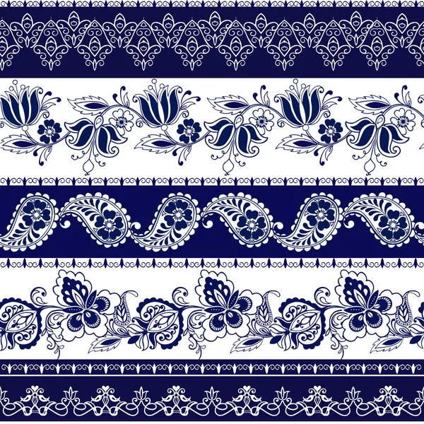 Reihe von Spitze Bohemian nahtlose Grenzen. Streifen mit blauen Blumenmotiven, Rosen, Paisleys. dekorative Ornamentkulisse für Stoff, Textilien, Packpapier — Stockvektor