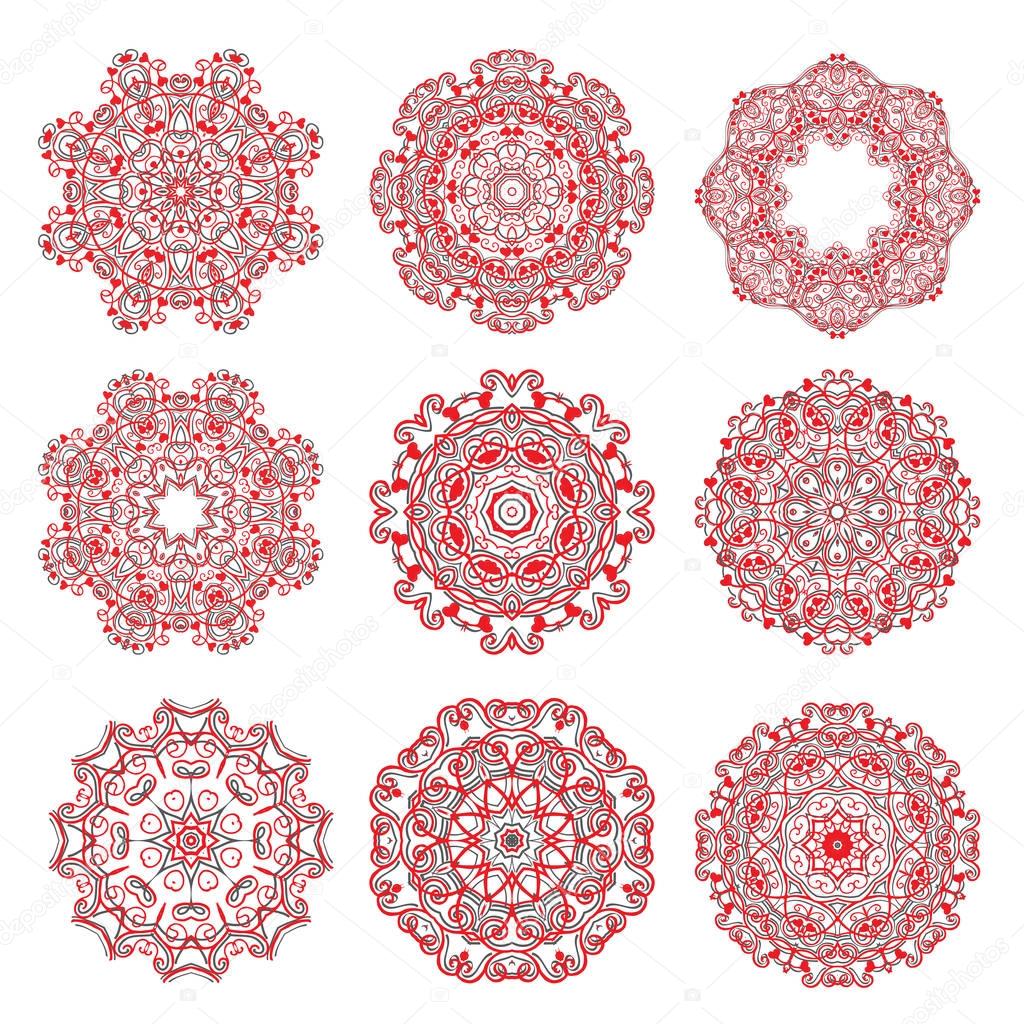 Collection of luxurious mandalas. Decorative round ornaments. Weave design elements. Yoga logos, backgrounds for meditation poster.