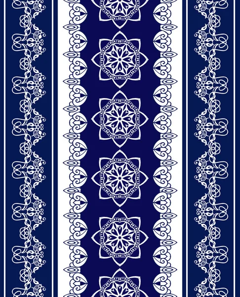 Reihe von Spitze Bohemian nahtlose Grenzen. Streifen mit blauen Blumenmotiven, Paisleys. dekorative Ornamentkulisse für Stoff, Textilien, Packpapier. — Stockvektor