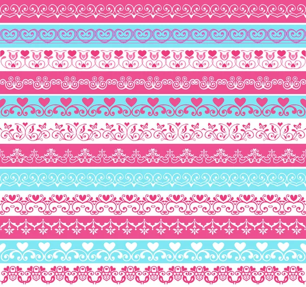 Conjunto de bordes vintage de flores rosas y azules con corazones. Retro colores rosa, blanco y azul. Textura sin fin se puede utilizar para imprimir en tela y papel, álbum de recortes . — Vector de stock