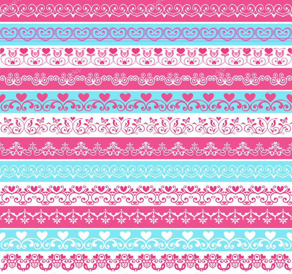 Set of vintage borders of pink and blue flowers with hearts. Retro pink, white and blue colors. Endless texture can be used for printing onto fabric and paper, scrapbook.