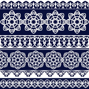 Dantel bohem sorunsuz kenarlık kümesi. Çizgili mavi çiçek motifleri ile. Kumaş, tekstil, kağıt ambalaj için Dekoratif süsleme zemin.