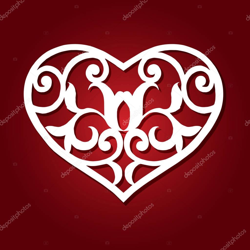Laser printing romantic lacy wedding heart with carved pattern. Vector floral heart.
