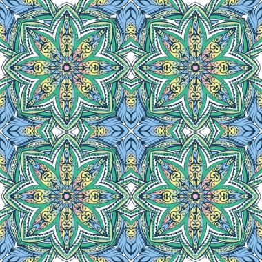 Renkli vintage seamless modeli ile çiçek ve mandala öğeleri. Dekoratif süsleme kumaş, tekstil, kağıt ambalaj için. Islam, Arapça, Indian, Osmanlı motifleri.