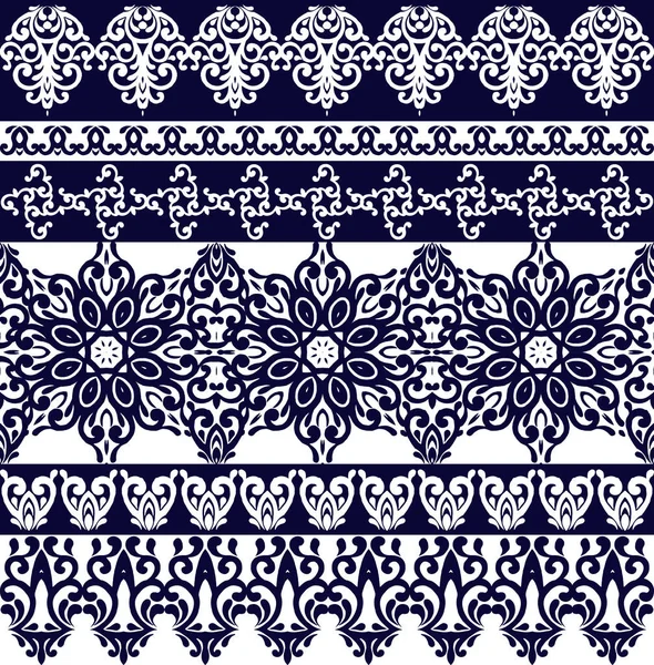 Reeks Lace Boheemse naadloze randen. Strepen met blauwe bloemmotieven, Roses, Paisleys. Decoratieve sieraad decor voor stof, textiel, inpakpapier. — Stockvector