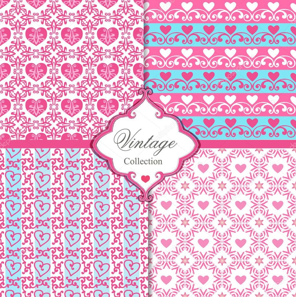 Collection of pink vintage seamless patterns with hearts. Endless texture for wallpaper, web page background, wrapping paper. Romantic collection of cute patterns.