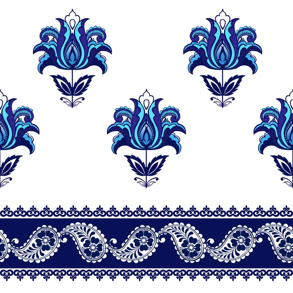 Nahtloses Muster mit Fantasieblumen mit dekorativem Rand. natürliche Tapete blaue Farbe. Dekoratives Ornament für Stoff, Textilien, Packpapier. — Stockvektor