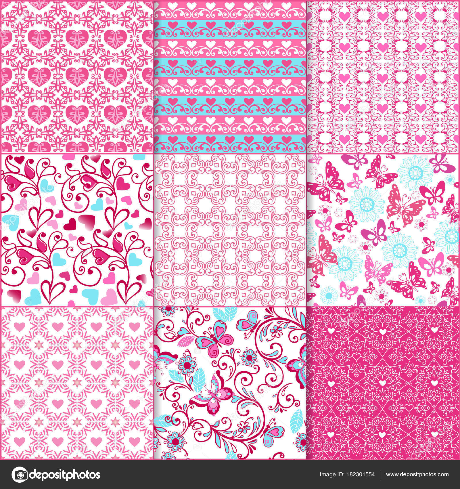 Collection of cute seamless floral pattern with pink hearts. Floral ...