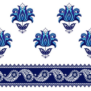 Dekoratif kenarlık ile fantezi çiçekler ile Seamless modeli. Doğal duvar kağıdı mavi renk. Dekoratif süsleme kumaş, tekstil, kağıt ambalaj için.