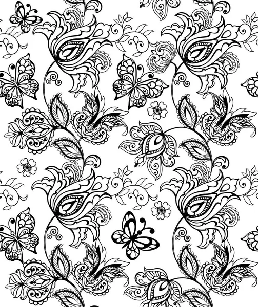 Fleurs et papillons dessinés à la main pour la coloration anti stress. Modèle sans couture avec des fleurs fantastiques et des papillons . — Image vectorielle