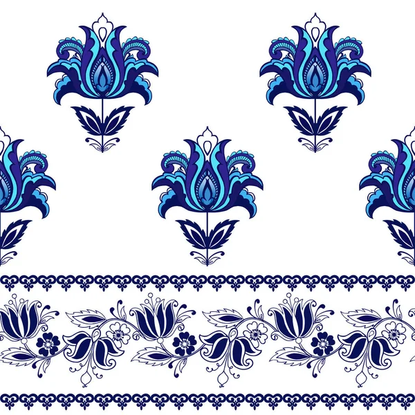 Seamless mönster med fantasy blommor med dekorativ kant. Naturliga tapet blå färg. Dekorativ prydnad för tyg, textil, omslagspapper. — Stock vektor