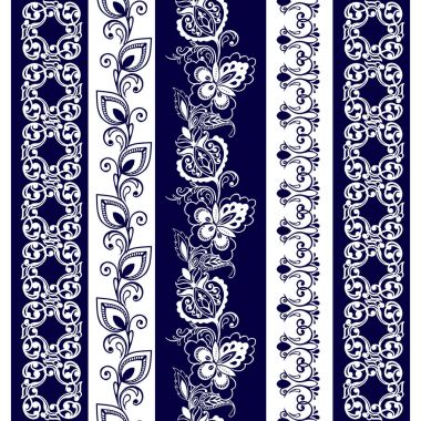 Dantel bohem sorunsuz kenarlık kümesi. Çizgili mavi çiçek motifleri ile. Kumaş, tekstil, kağıt ambalaj için Dekoratif süsleme zemin.