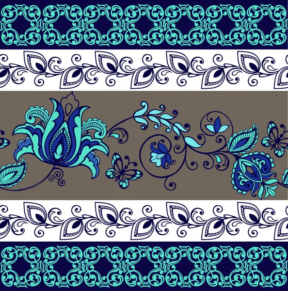 Conjunto de bordes sin costura de encaje. Rayas con azul. Motivos florales. Fondo de adorno decorativo para tela, textil, papel de envolver . — Archivo Imágenes Vectoriales