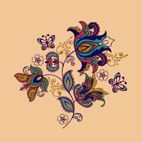 Zdobené ornament s Fantastické květy s motýly a paisley. Vektorové ilustrace. — Stockový vektor
