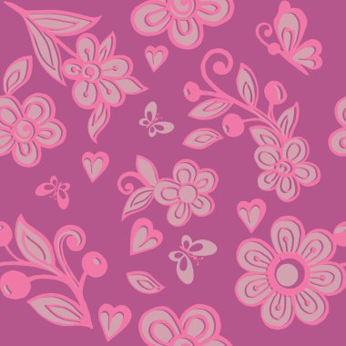 Sevimli pembe çiçek sorunsuz süsleme kelebekler ile. Çiçek duvar kağıdı. Dekoratif süsleme kumaş, tekstil, kağıt ambalaj için.