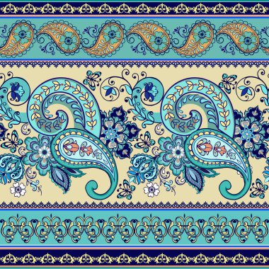Paisley ile çizgili seamless modeli. Çiçek duvar kağıdı. Dekoratif süsleme kumaş, tekstil, kağıt ambalaj için. Güzel Hint çiçek desenli süsleme.