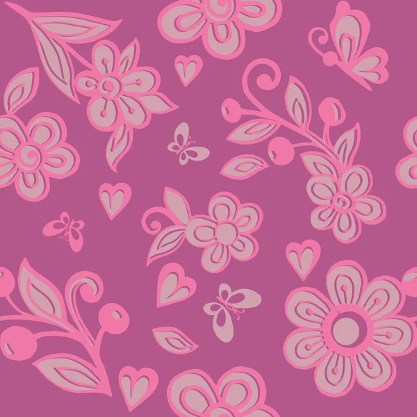 Lindo adorno floral rosa sin costuras con mariposas. Papel pintado floral. Adorno decorativo para tela, textil, papel de regalo . — Vector de stock