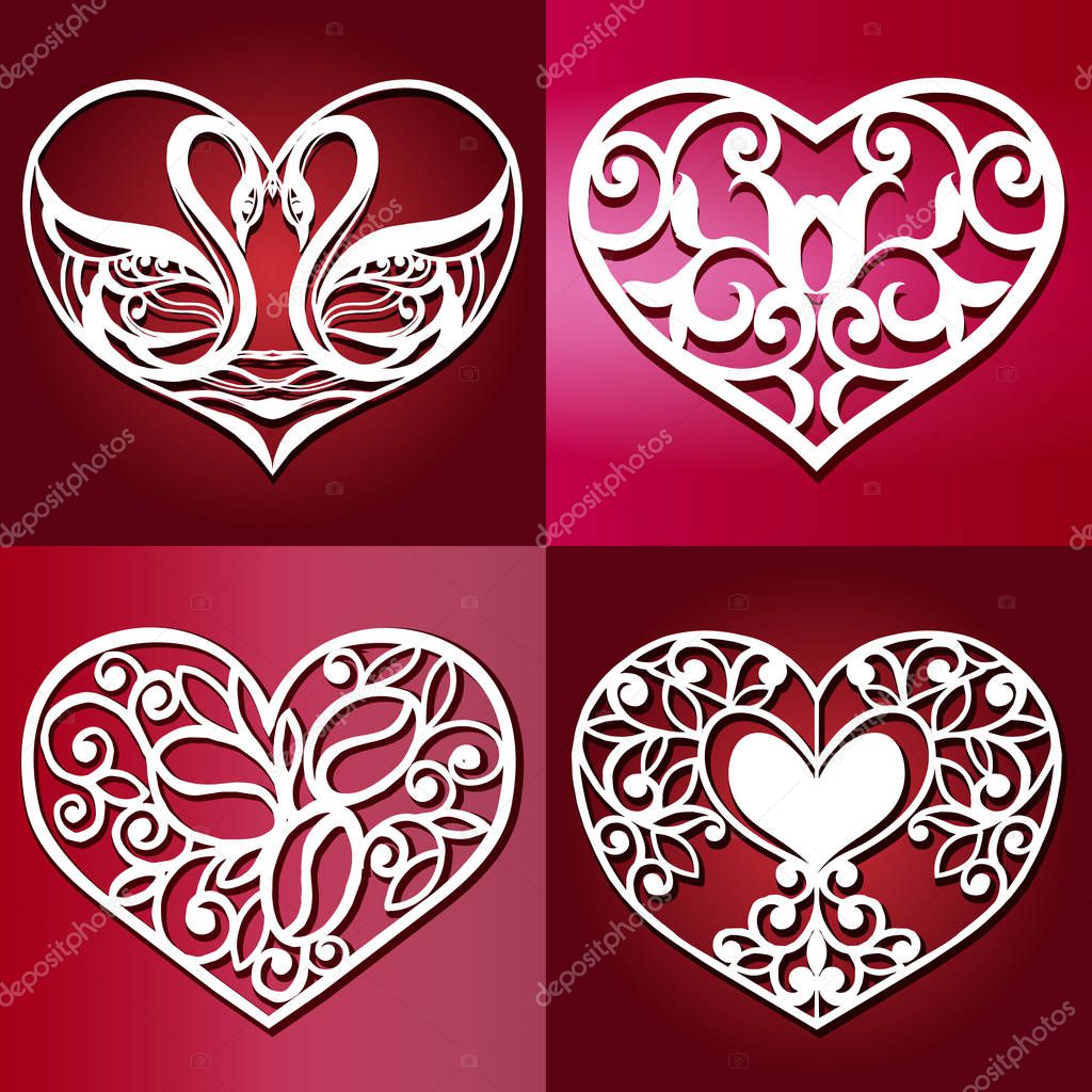 Set of openwork hearts for laser cutting.Template for interior design, layouts wedding cards, invitations. Vector floral heart.