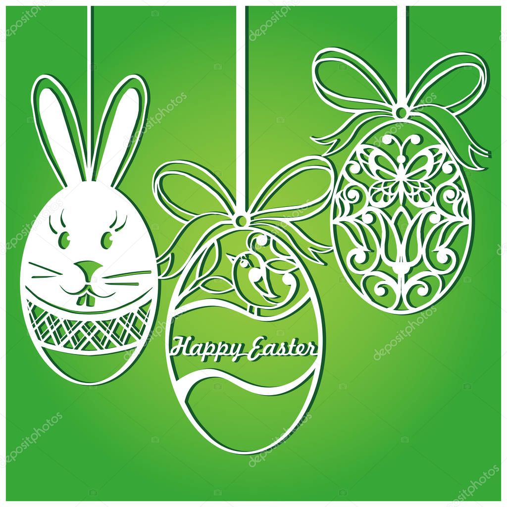 Greeting card with Easter eggs and a rabbit for laser cutting. Happy Easter vector illustration. Template for laser cutting. Easter egg.