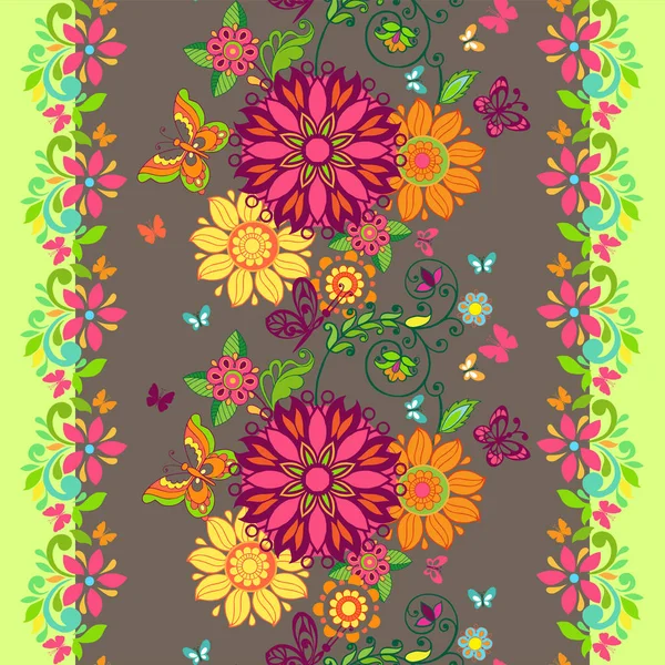 Patrón inconsútil floral colorido con mariposas y con un borde de flores. Papel pintado floral. Adorno decorativo para tela, textil, papel de regalo . — Vector de stock