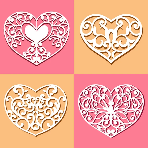 Set laser gesneden harten. Collectie stencil lacy harten met gebeeldhouwde opengewerkte patroon. Sjabloon voor lay-outs, bruiloft kaarten, uitnodigingen. Vector floral hart. — Stockvector