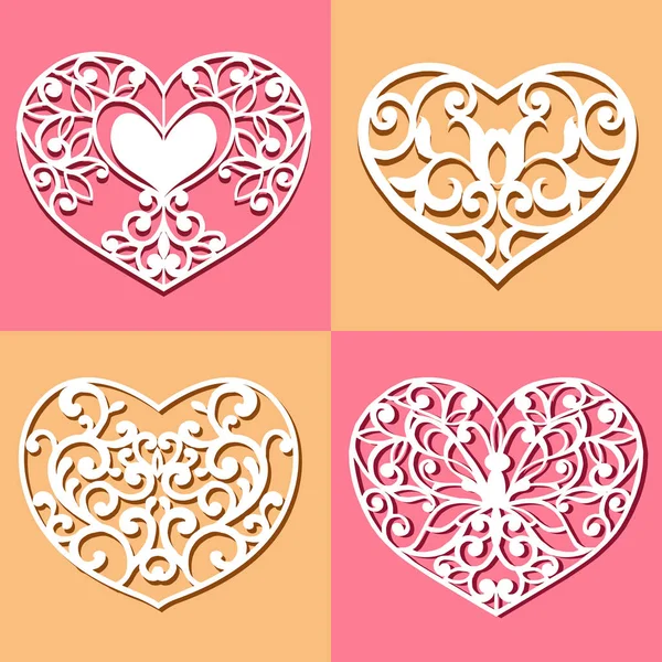 Conjunto de corações cortados a laser. Coleção stencil corações rendados com esculpida padrão openwork. Modelo para layouts cartões de casamento, convites. Vetor coração floral . — Vetor de Stock