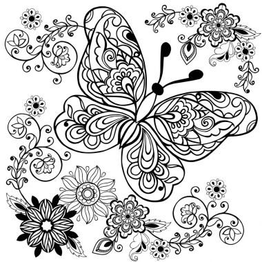 Çiçekler ve kelebekler sayfa boyama anti stres için el çekilmiş.