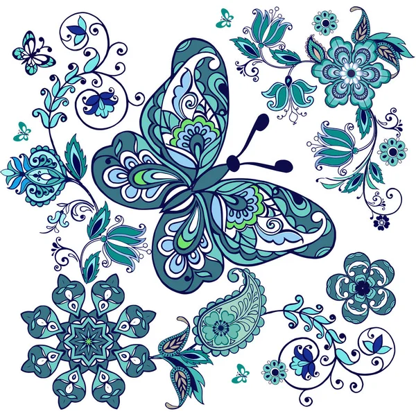 Περίτεχνα στολίδι με φανταστικά λουλούδια με paisley και πεταλούδες. Εικονογράφηση διάνυσμα. — Διανυσματικό Αρχείο