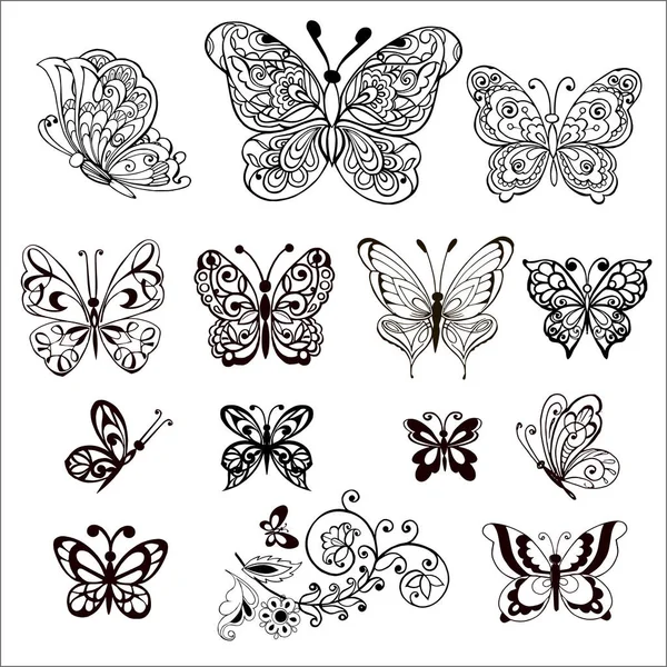 Hand dras blommor och fjärilar för anti stress målarbok. Stor uppsättning vektor dekorativa fjärilar. — Stock vektor
